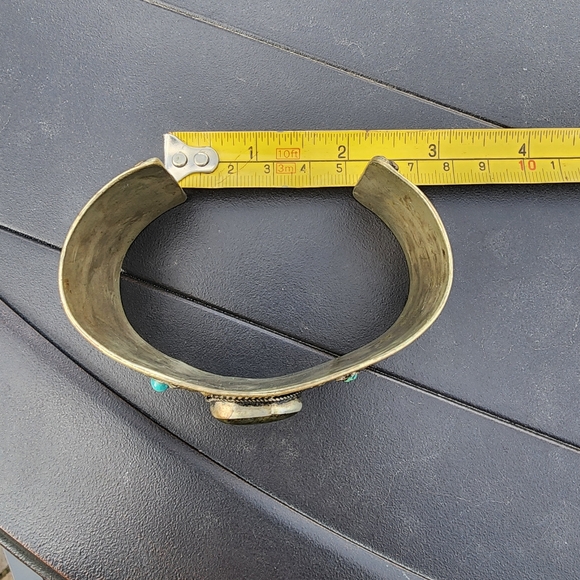 Handmade ornate chunky cuff bracelet turquoise brass silver one of a kind - Picture 7 of 9